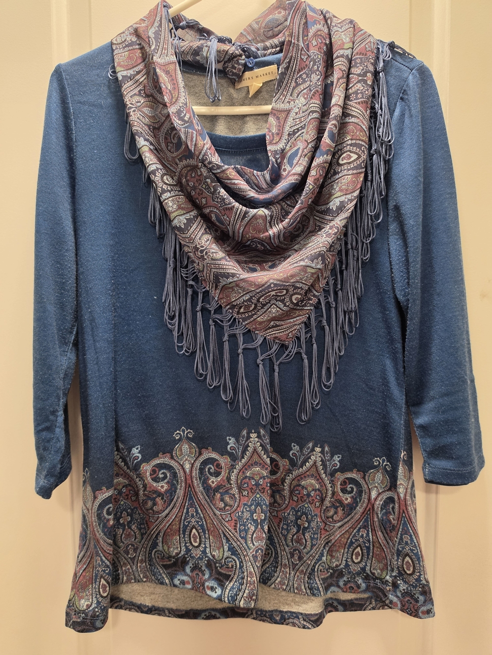 Investments Blue Paisley-Trim Crewneck Sweater with Fringe Scarf